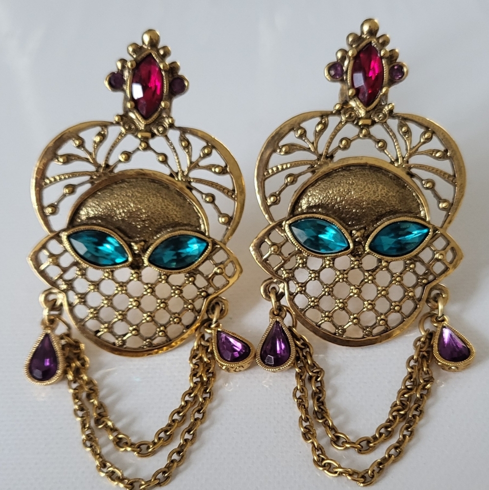 Vintage GoldTone Filigree Clip Earrings Muli-Color Rhinestones